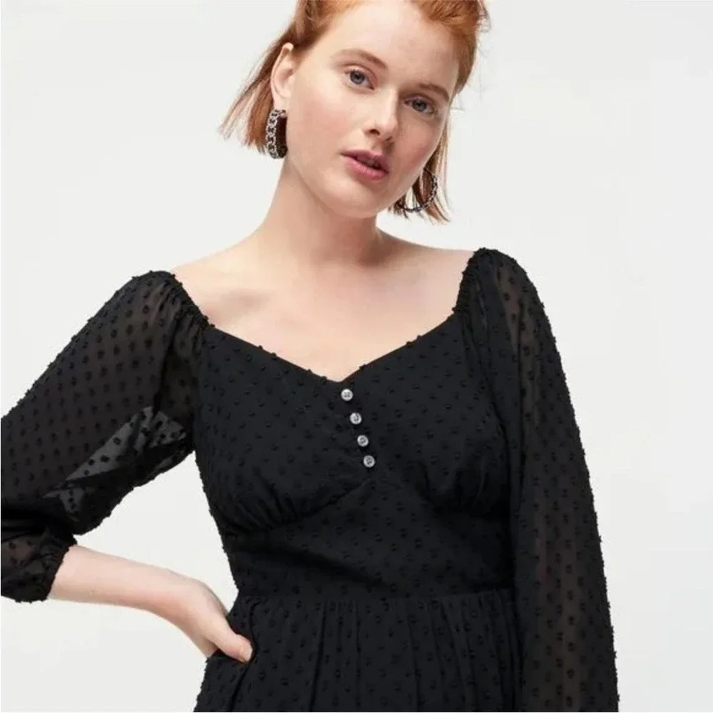 J. Crew Tiered Long-sleeve Midi Dress In Swiss Dot Black Size 4 Boho Party Work
